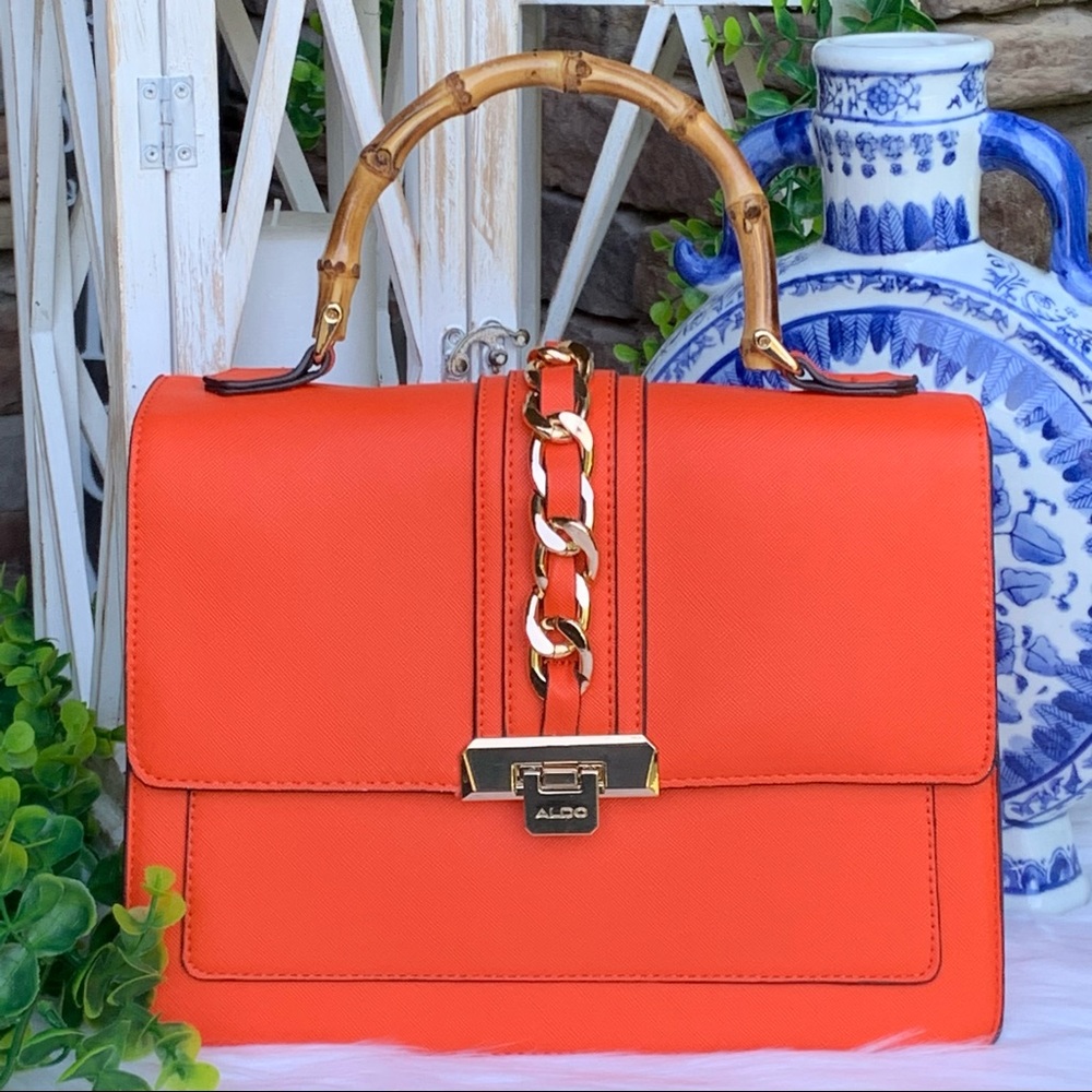 Aldo Orange Satchel with Bamboo Handle and Gold Chain